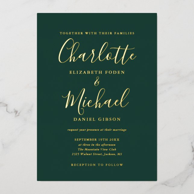 Smarald Green und Gold Script Wedding Gold Folieneinladung (Vorderseite)