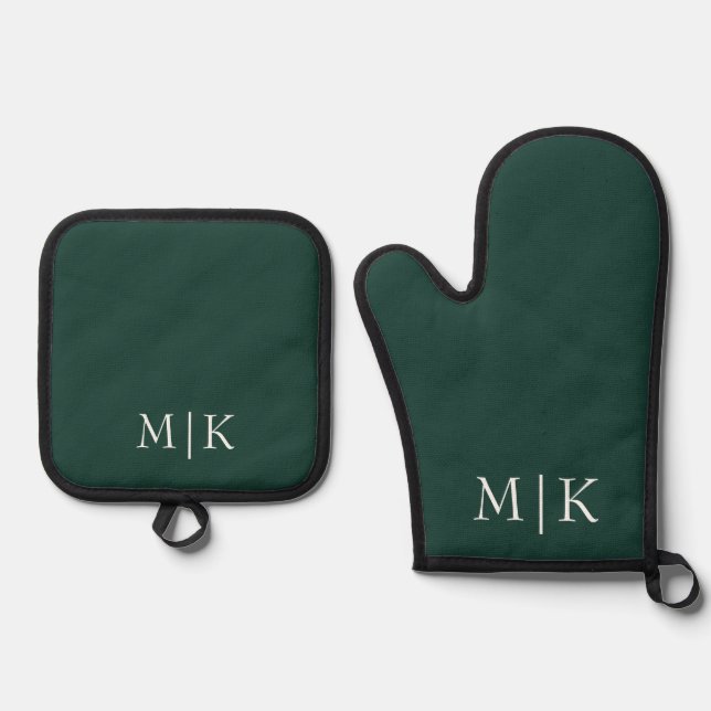 Smarald Green und White | Modernes Monogramm Ofenhandschuh & Topflappen-Set (Vorderseite)