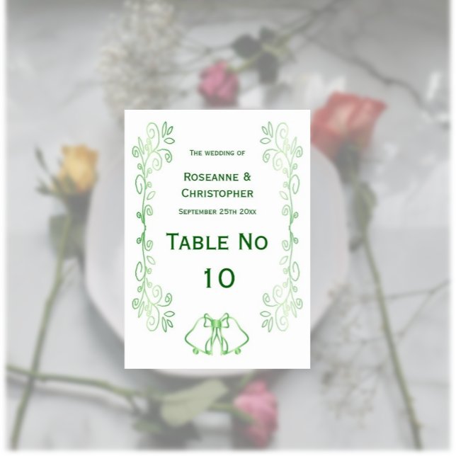 Smarald Green Wedding Table Zelt Sign Bells Tischnummer (Emerald wedding table number card bells and scrollwork design)