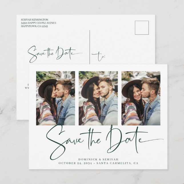 Smarald grüne handgeschriebene Hochzeit speichern  Postkarte (Vorne/Hinten)