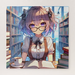 Smart Anime Girl in Library Reading Books