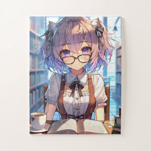 Smart Anime Girl in Library Reading Books