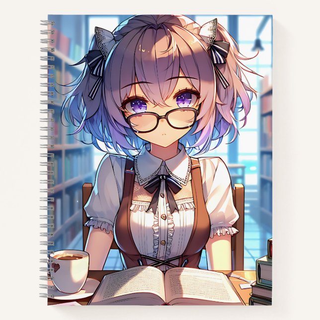 Smart Anime Girl in Library Reading Books Notizbuch (Vorderseite)