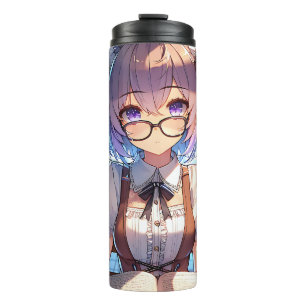 Smart Anime Girl in Library Reading Books Thermosbecher
