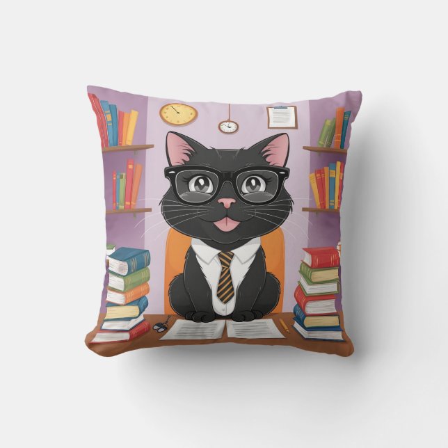 Smart Black Cat und Bücher mit Brille - Fu Kissen (Vorderseite)