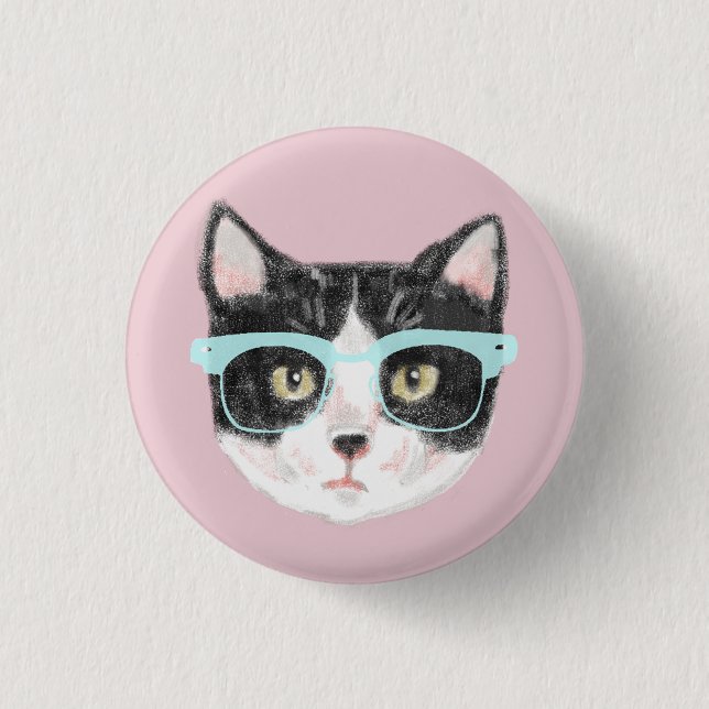 Smart Black & White Cat Tragebrillen Button (Vorderseite)