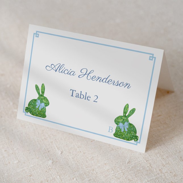 Smart Blue & Green Bunny Pâques Brunch Cartes de P (Individual place cards for baby boy showef with topiary bunny with light blue bow)