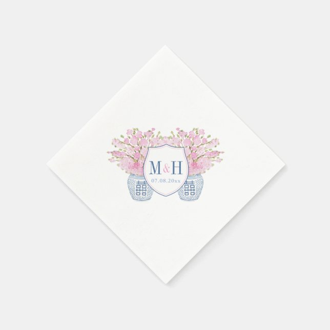 Smart Blue Pink Monogram Chinoiserie Chic Wedding Serviette (Ecke)