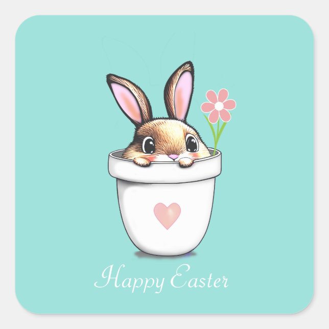 Smart Bunny mit Blume & Herz auf Light Blue Quadratischer Aufkleber (Vorderseite)