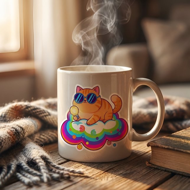 Smart Ginger Cat with Lightbulb - Funny Big Idea B Button (on a cup)