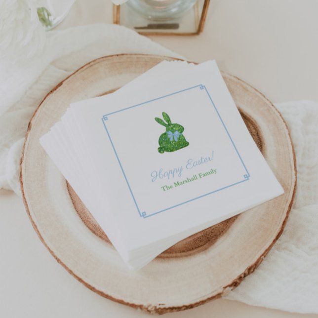 Smart Green and Blue Oaster Rabbit Brunch Party Serviette (Preppy boxwood topiary bunny with blue bow napkins for Easter or boy baby shower brunch party)