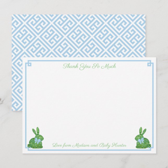 Smart Pale Blue Boxwood Bunny Boy Baby Dusche Dankeskarte (Vorne/Hinten)
