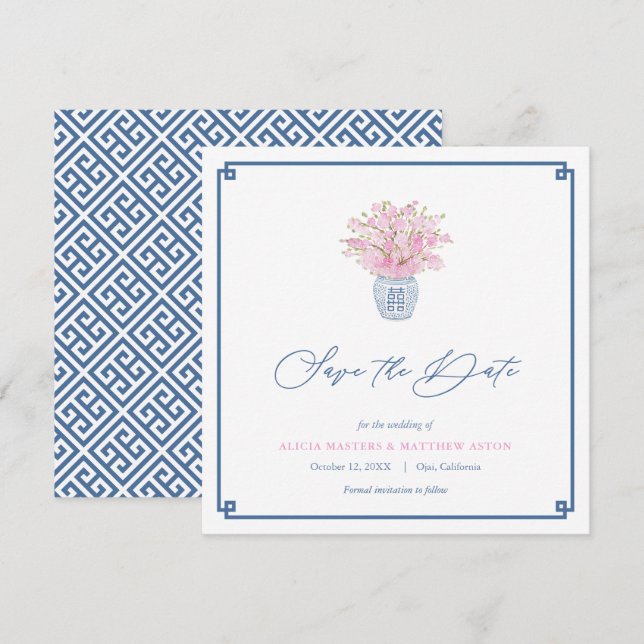Smart Pink Navy Blue Chinoiserie Vase Hochzeit Save The Date (Vorne/Hinten)