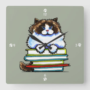 Smart Ragdoll Kitty Books Quadratische Wanduhr