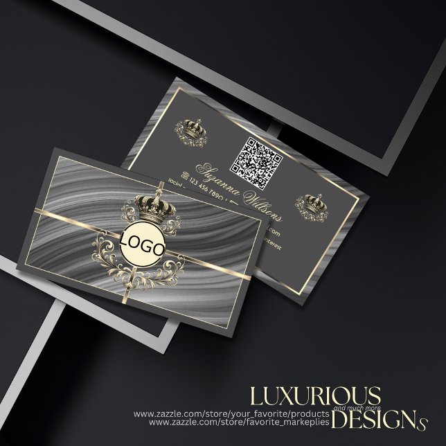 Smart Royal Gray Gold Crown mit Logo und QR Code Visitenkarte (Von Creator hochgeladen)