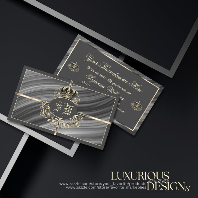 Smart Royal Gray Gold Crown und Monogram Prächtig Visitenkarte (Von Creator hochgeladen)