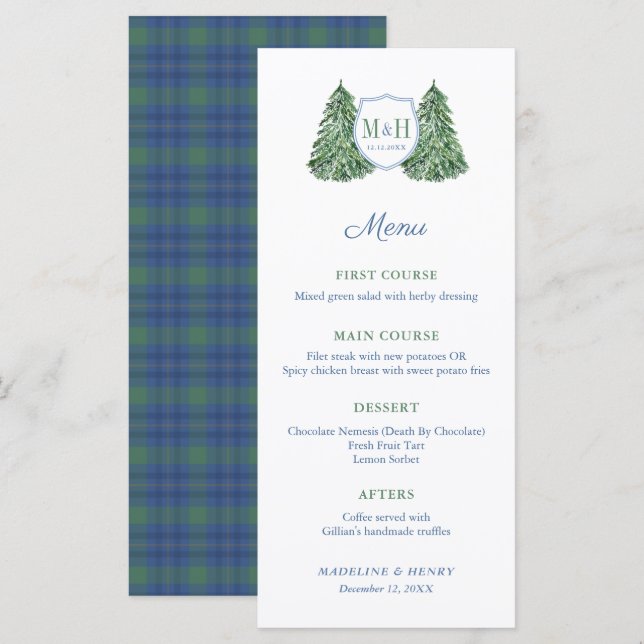 Smart Tartan Winter Wedding Party Menükarte (Vorne/Hinten)