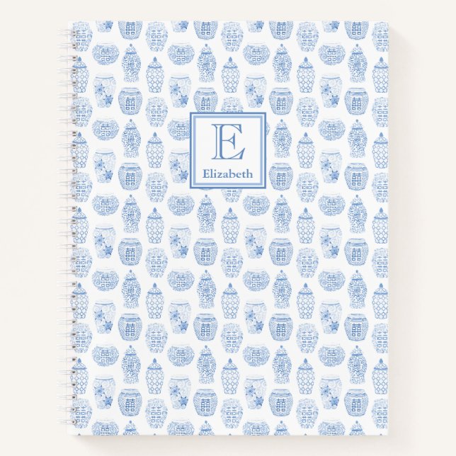 Smart Uni Girl blau und weiß Monogramm Notizbuch (Vorderseite)