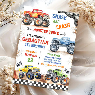 Smash & Crash Es ist Monster Truck Bash Jungen-Geb Einladung