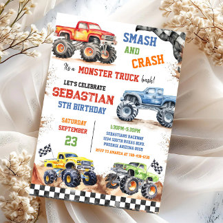 Smash & Crash Es ist Monster Truck Bash Jungen-Geb Einladung