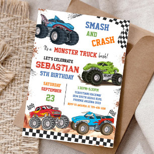 Smash & Crash Es ist Monster Truck Bash Jungen-Geb Einladung