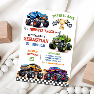 Smash & Crash Es ist Monster Truck Bash Jungen-Geb Einladung