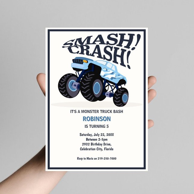 Smash Crash Modern Blue Monster Truck Birthday Einladung (Von Creator hochgeladen)