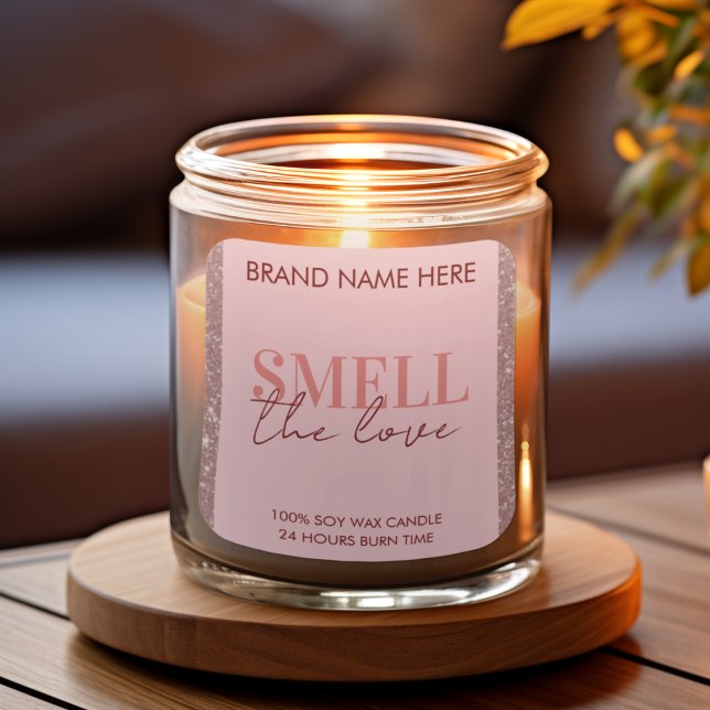 Smell The Love Custom Pink Glitter Candle Label Quadratischer Aufkleber (Von Creator hochgeladen)