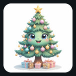 Smile Christmas Delight Quadratischer Aufkleber<br><div class="desc">Mit diesem bezaubernden Weihnachtsbaumaufkleber im Stil eines Cartoon lassen Sie Ihren Tag angenehm erleben! Mit seinen großen, glänzenden Augen, dem fröhlichen Lächeln und den weichen Pastellverzierungen ist dieses skurrile Design perfekt für die Vermittlung von Feiertagsstimmung. Mit einem goldenen Stern auf dem Dach und Geschenkboxen rund um den Sockel ist es...</div>