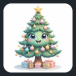 Smile Christmas Delight Quadratischer Aufkleber<br><div class="desc">Mit diesem bezaubernden Weihnachtsbaumaufkleber im Stil eines Cartoon lassen Sie Ihren Tag angenehm erleben! Mit seinen großen, glänzenden Augen, dem fröhlichen Lächeln und den weichen Pastellverzierungen ist dieses skurrile Design perfekt für die Vermittlung von Feiertagsstimmung. Mit einem goldenen Stern auf dem Dach und Geschenkboxen rund um den Sockel ist es...</div>