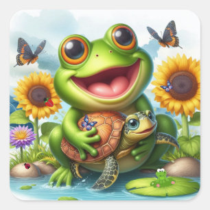 Smile Frosch und Meeresschildkröte Szene Quadratischer Aufkleber
