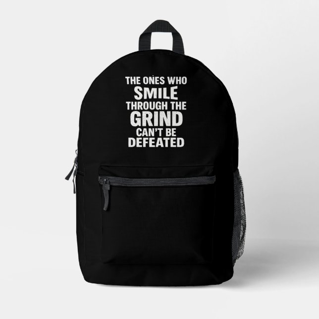 Smile-Grind-Gymnastik-Zitat mit weißem Text Bedruckter Rucksack (Vorderseite)