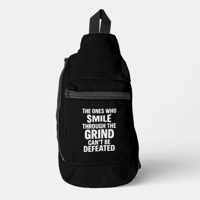 Smile-Grind-Gymnastik-Zitat mit weißem Text Crossbody Bag (Vorderseite)