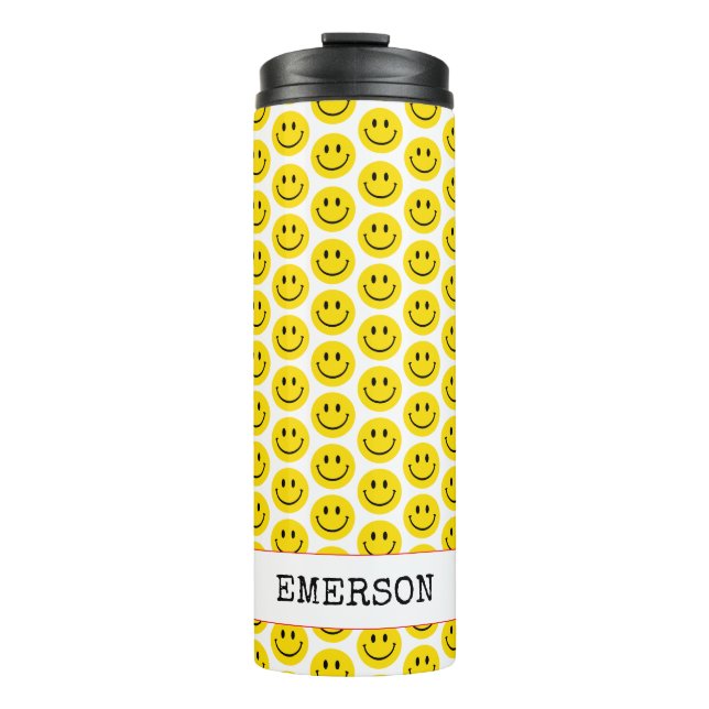 Smile Happy Face NAME Yellow Black Red Retro Spaß Thermosbecher (Vorderseite)