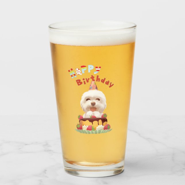 Smile Pup: Happy Birthday Bichon & Cake Art Glas (Vorne (Gefüllt))
