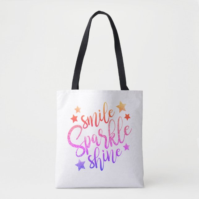 Smile Sparkle und Shine Moderner Regenbogentext Tasche (Vorderseite)