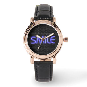 SMILE Text in Neonbeleuchtung auf Backstein Armbanduhr