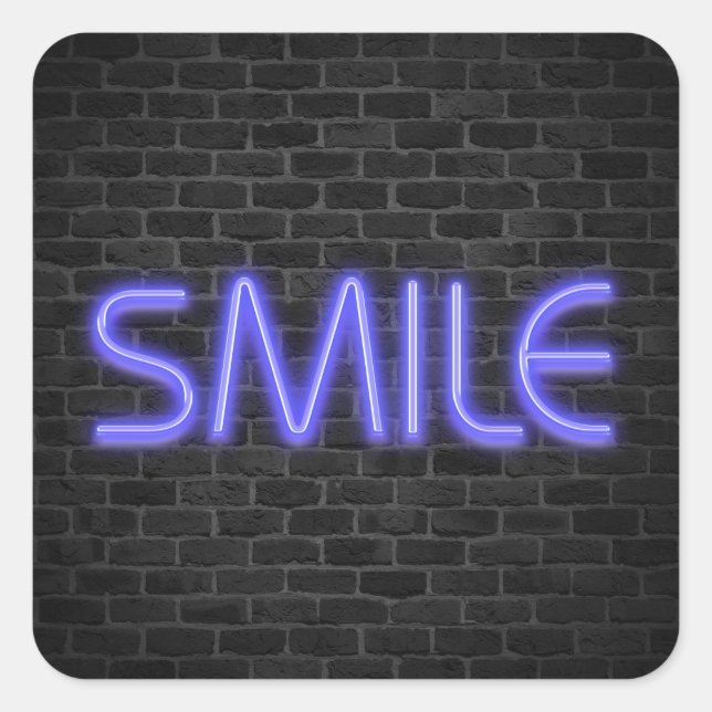 SMILE Text in Neonleuchten auf Backstein Quadratischer Aufkleber (Vorderseite)