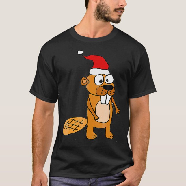 SmilesXMAS Funny Beaver in Weihnachtsmannmütze Wei T-Shirt (Vorderseite)