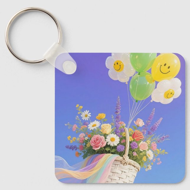 Smiley Balloon and Flower Basket Keychain Schlüsselanhänger (Vorderseite)