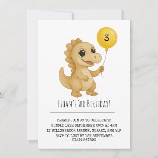 Smiling Beige Dinosaur Yellow Balloon Birthday Einladung