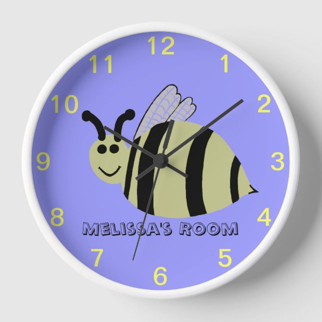 Smiling Bumble Bee Kids Numbered Purple Wall Clock Uhr (Vorderseite)