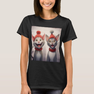 Smiling Cartoon Cats With Red Hats And Collars T-Shirt