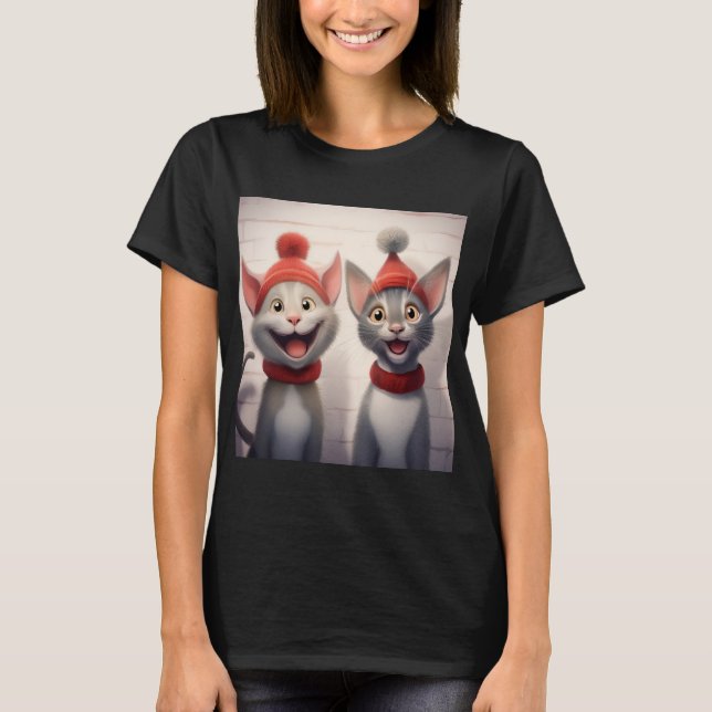 Smiling Cartoon Cats With Red Hats And Collars T-Shirt (Vorderseite)