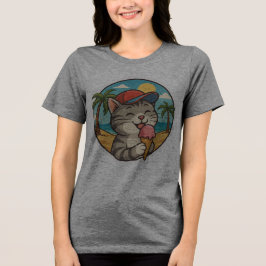 Smiling Cat Eating Ice Cream – Cute Summer Sticker Tri-Blend Shirt