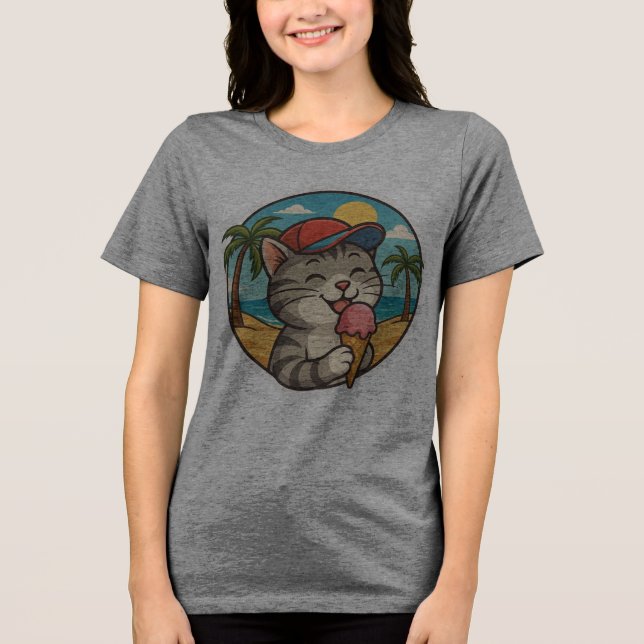 Smiling Cat Eating Ice Cream – Cute Summer Sticker Tri-Blend Shirt (Vorderseite)