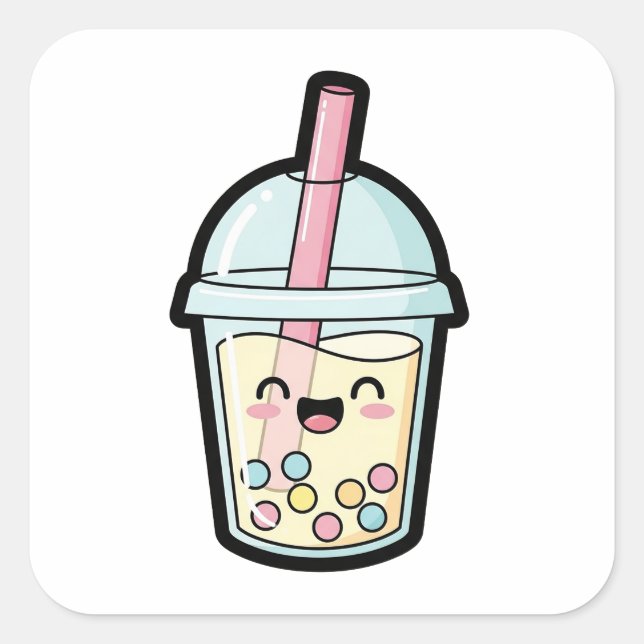 Smiling Cupcake – Cute Kawaii Illustration Quadratischer Aufkleber (Vorderseite)