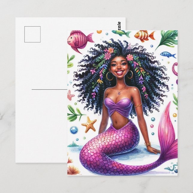 Smiling Dark-Skinned Mermaid With Pink Tail Postkarte (Vorne/Hinten)
