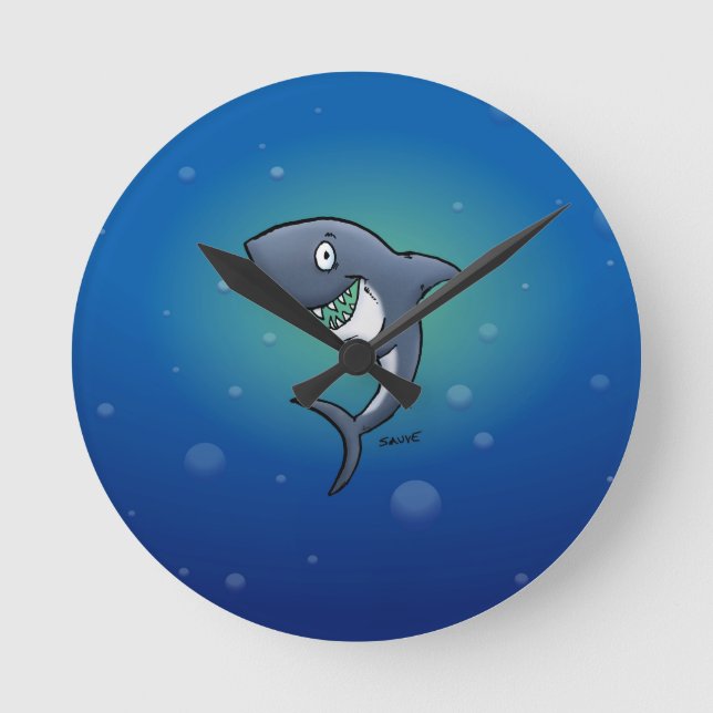 Smiling Funny Shark on Blue Background Runde Wanduhr (Vorderseite)