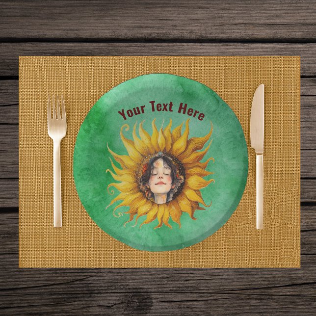 Smiling Girl Brown Hair in Big Sunflower on Green Pappteller (Smiling girl brown hair in middle of big fancy yellow sunflower on green paper party bowls.)